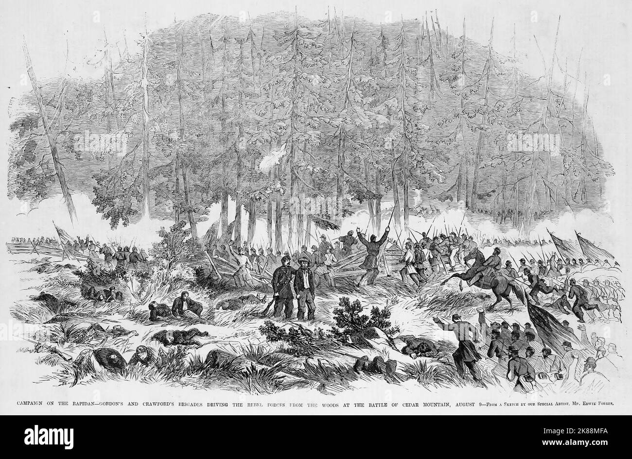 Campagna sul Rapidan - Brigate di George Henry Gordon e Samuel Wylie Crawford che guidano le forze del ribelle dai boschi alla battaglia di Cedar Mountain, il 9th agosto 1862. Illustrazione della guerra civile americana del 19th° secolo dal quotidiano illustrato di Frank Leslie Foto Stock