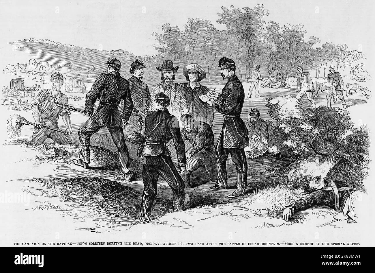 La Campagna sul Rapidan - soldati dell'Unione seppellire i morti, lunedì 11th agosto 1862, due giorni dopo la battaglia di Cedar Mountain. Illustrazione della guerra civile americana del 19th° secolo dal quotidiano illustrato di Frank Leslie Foto Stock