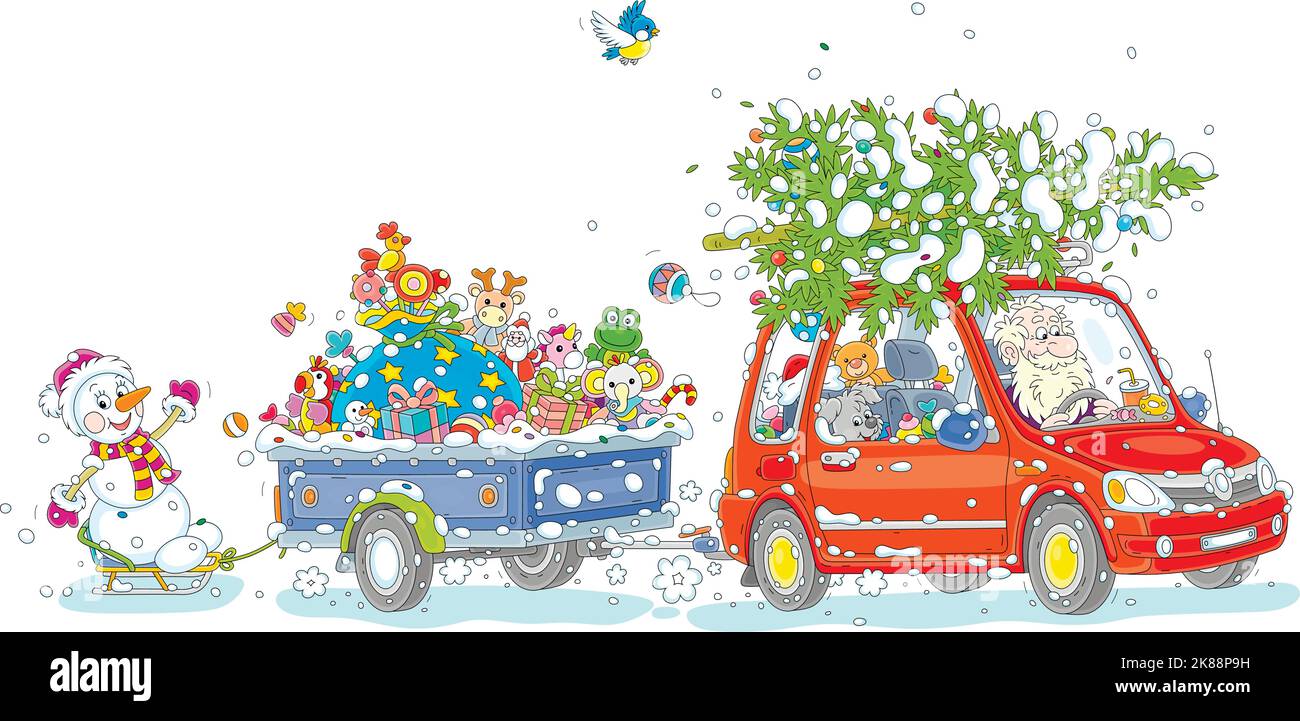 Felice Babbo Natale guida la sua piccola auto rossa con un albero di Natale innevato e un rimorchio pieno di regali di festa, dolci e giocattoli divertenti Illustrazione Vettoriale