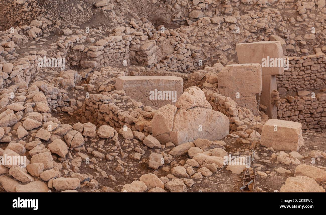 Gobeklitepe, Sanliurfa, Turchia-Ottobre 2022: Rovine di Göbeklitepe. Göbeklitepe è il primo e più grande tempio della storia. Gobeklitepe è patrimonio dell'umanità dell'UNESCO Foto Stock