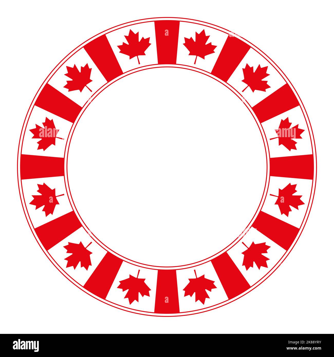 Bandiera nazionale del Canada motivo, cornice circolare. Bordo circolare decorativo, realizzato con il motivo a bandiera canadese, noto anche come foglia d'acero. Foto Stock