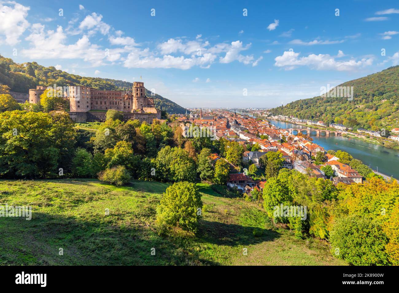 Vista dal complesso del castello di Heidelberg delle rovine del castello, del fiume Neckar e della città vecchia medievale di Heidelberg, Germania. Foto Stock