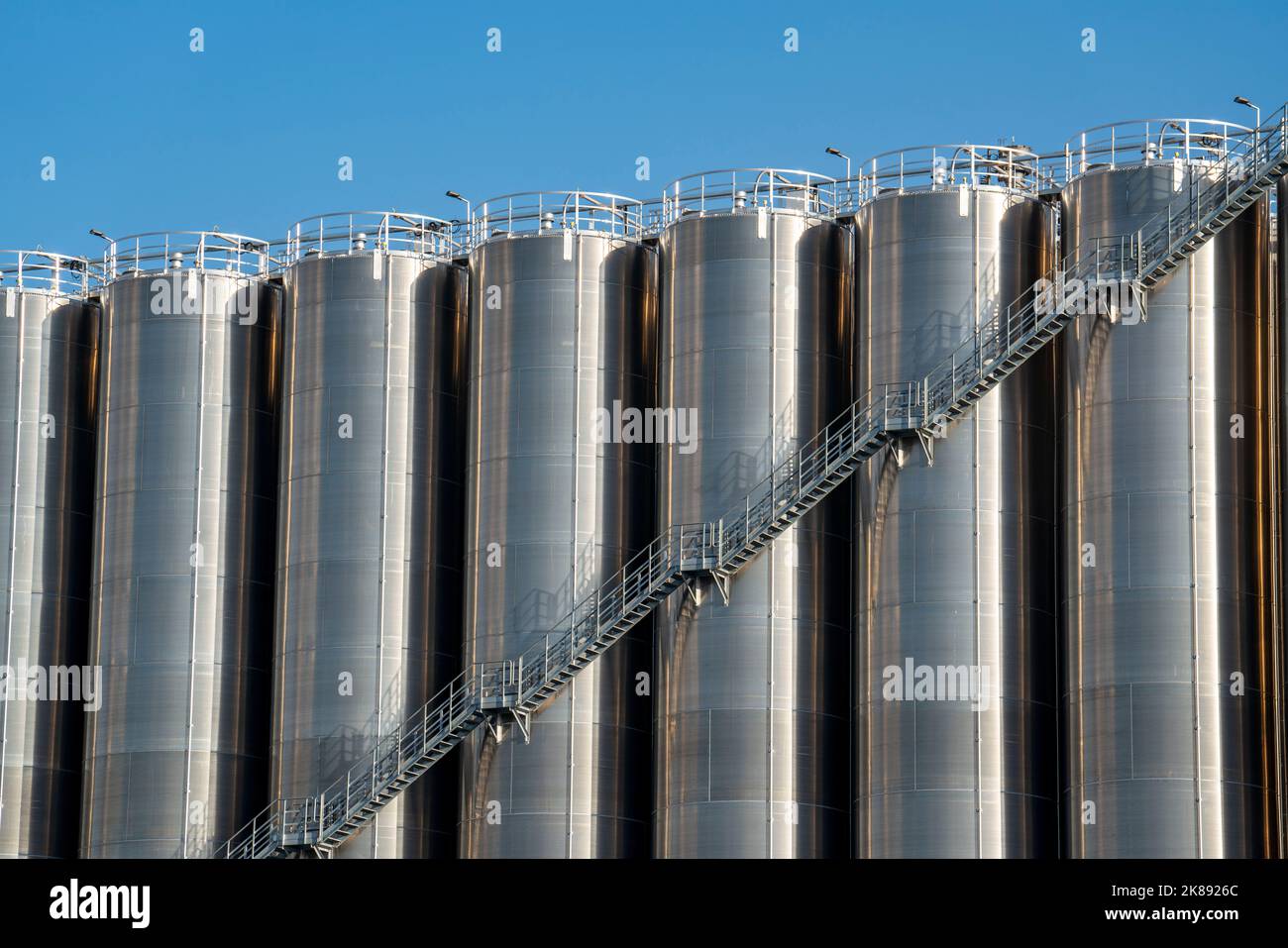 Serbatoi di acciaio inossidabile di un grande impianto di silo nel porto interno di Duisburg, Duisburg-Neuenkamp, per il deposito di merci alla rinfusa secche, come le gra di plastica Foto Stock