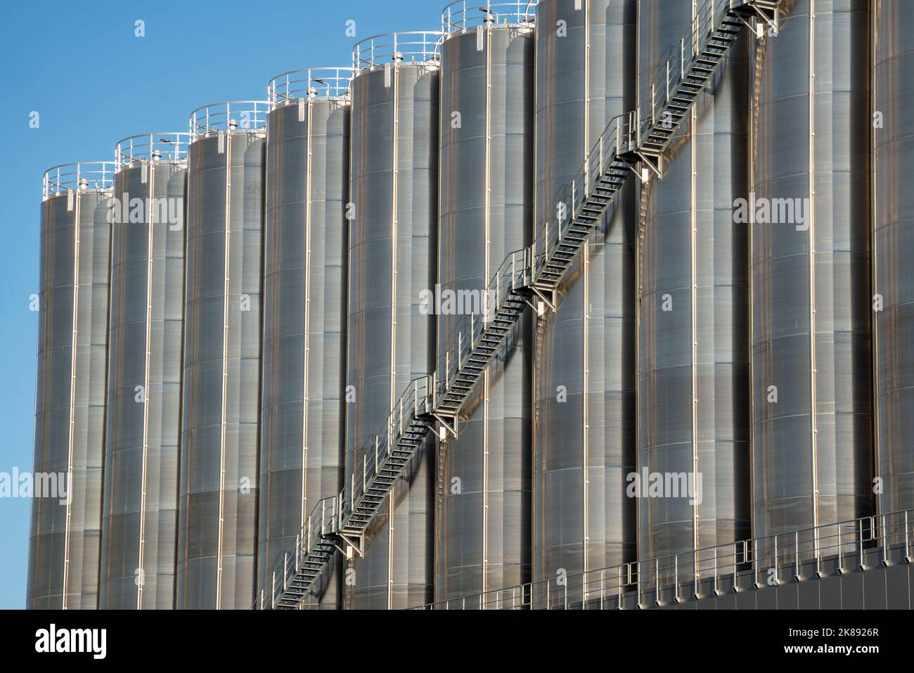 Serbatoi di acciaio inossidabile di un grande impianto di silo nel porto interno di Duisburg, Duisburg-Neuenkamp, per il deposito di merci alla rinfusa secche, come le gra di plastica Foto Stock