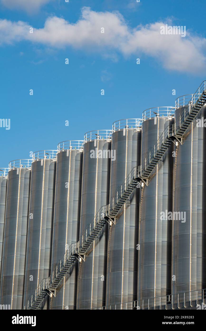 Serbatoi di acciaio inossidabile di un grande impianto di silo nel porto interno di Duisburg, Duisburg-Neuenkamp, per il deposito di merci alla rinfusa secche, come le gra di plastica Foto Stock