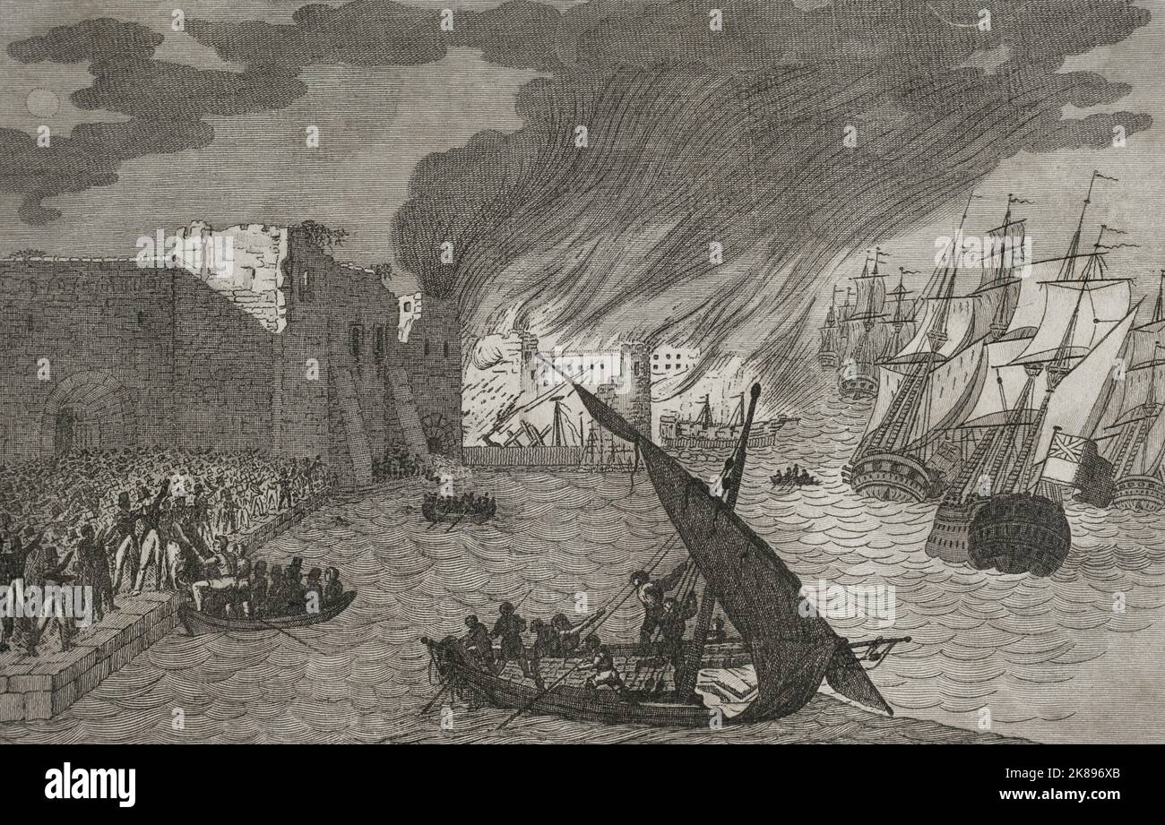 Evacuazione della città dalla marina anglo-spagnola. Foto Stock