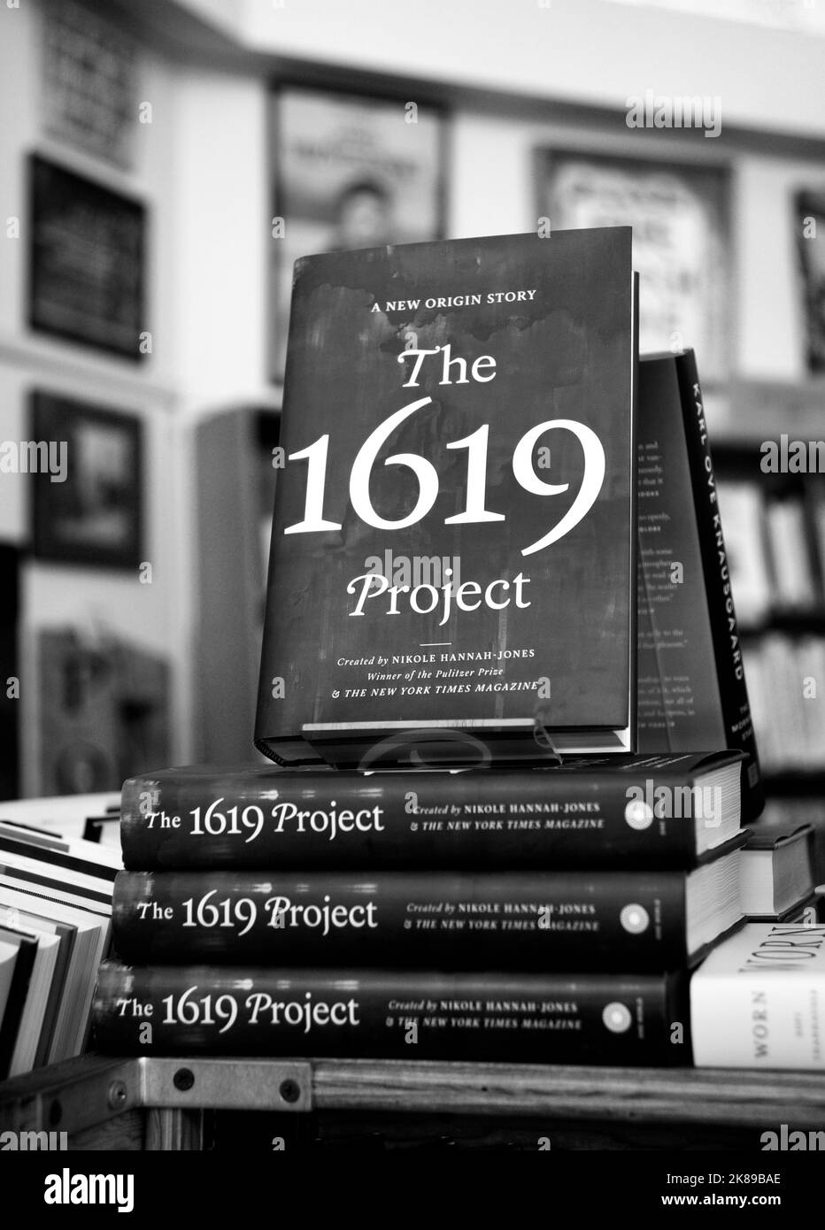Copie del controverso libro 'The 1619 Project', in vendita nella 'Free Speech zone' presso il punto di riferimento City Lights Booksellers Shop a San Francisco. Foto Stock