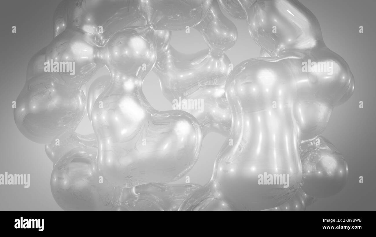 3D rendere astratto oggetto artistico surreale basato su sfere metaboliche nel processo di fusione. Morphing fluido. Dispersione, fusione e traboccamento Foto Stock