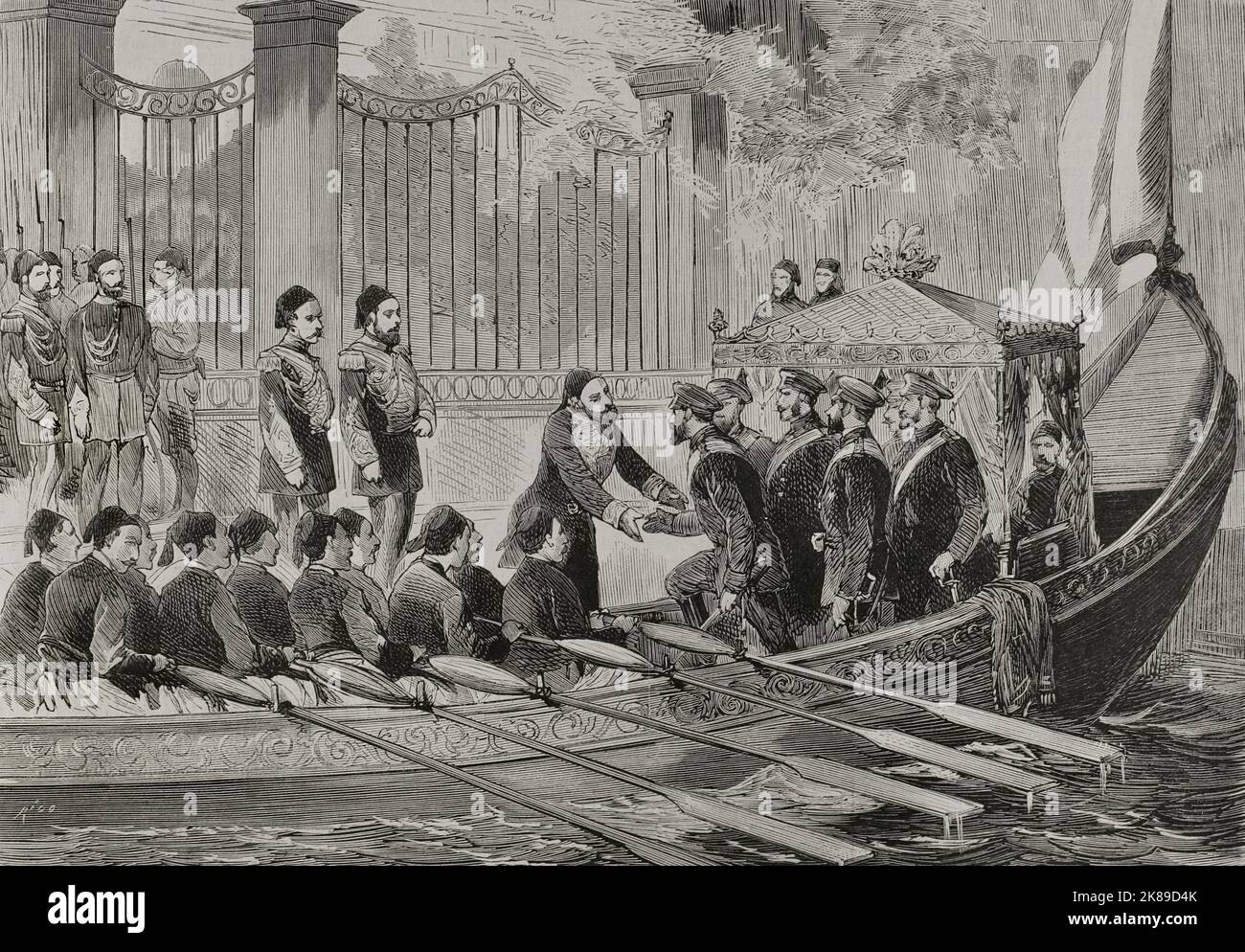 I generali Ahmed Vefik Pasha e Reouf Pasha ricevono il Granduca Nicholas Nikolaevich di Russia al Palazzo Dolmabahce. Foto Stock