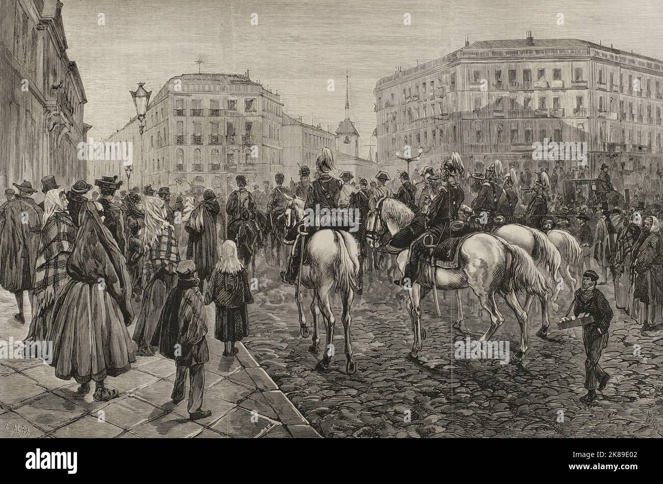 I buglers che giocano a reveille militari alla Puerta del Sol, la mattina del 23rd gennaio 1878, giorno del matrimonio del re Alfonso XII con la Mercedes di Orleans. Foto Stock