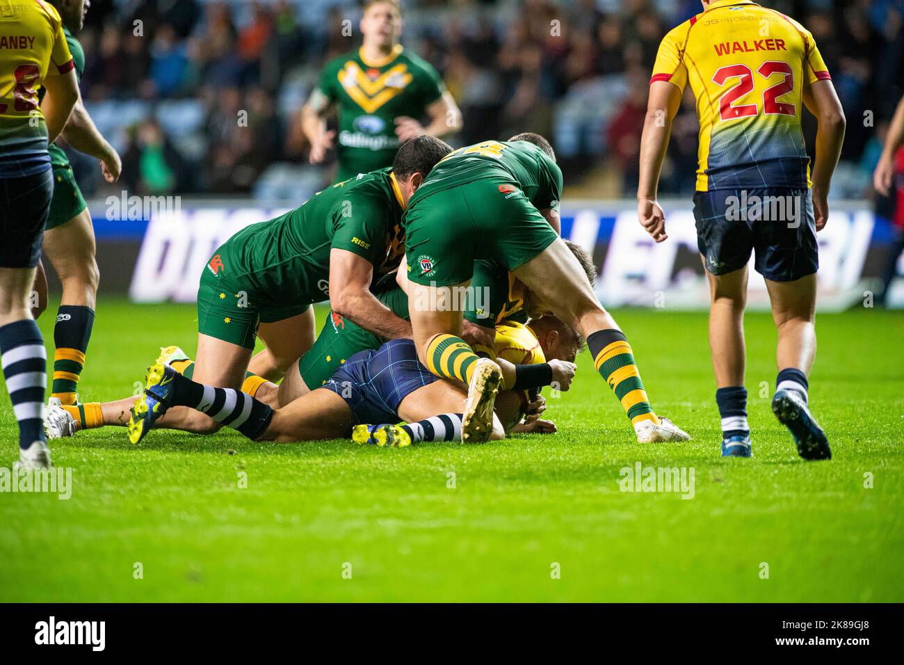 Coventry Inghilterra 21st ottobre: Azione durante la Coppa del mondo di Rugby League 2021 tra Australia e Scozia alla Coventry Building Society Arena il 21st ottobre 2022 Australia 84: Scozia 0 Credit: PATRICK ANTHONISZ/Alamy Live News Foto Stock