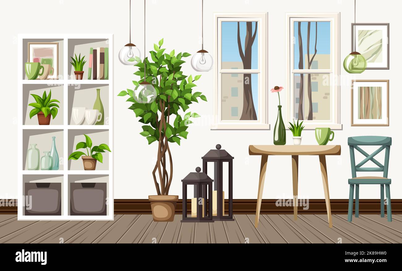 Design di interni per caffè o casa con un tavolo, una scaffalatura e un grande albero di ficus. Illustrazione vettoriale dei cartoni animati Illustrazione Vettoriale