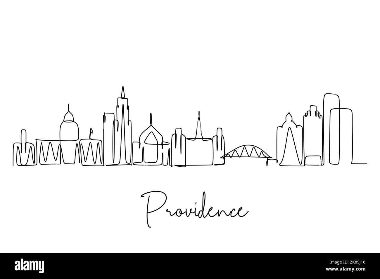 Disegno a linea singola dello skyline della città di Providence, Stati Uniti. Storico paesaggio della città nel mondo. Migliore destinazione di vacanza. Trend del tratto modificabile Illustrazione Vettoriale