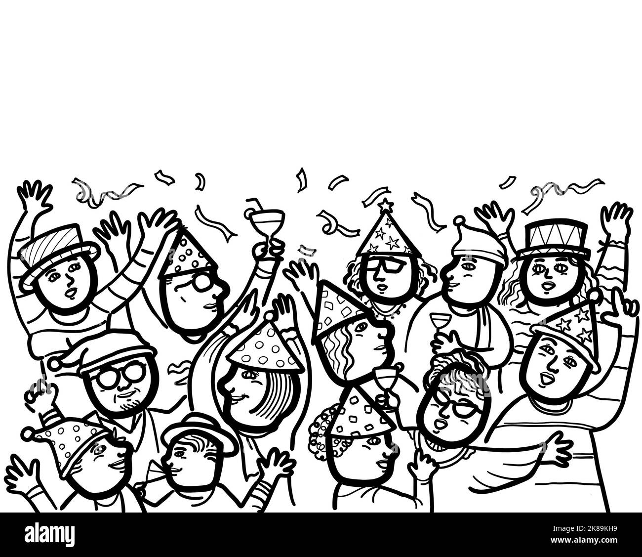Illustrazione di gruppi di persone di età multietnica e mista che celebrano il Natale e la festa di Capodanno. Disegno cartoon in bianco e nero con copia sp Foto Stock