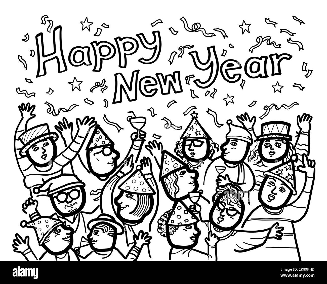 Illustrazione di gruppi di persone di età multietnica e mista che celebrano la festa di Capodanno. Disegno a linee in bianco e nero con Happy New Year scritto a mano Foto Stock