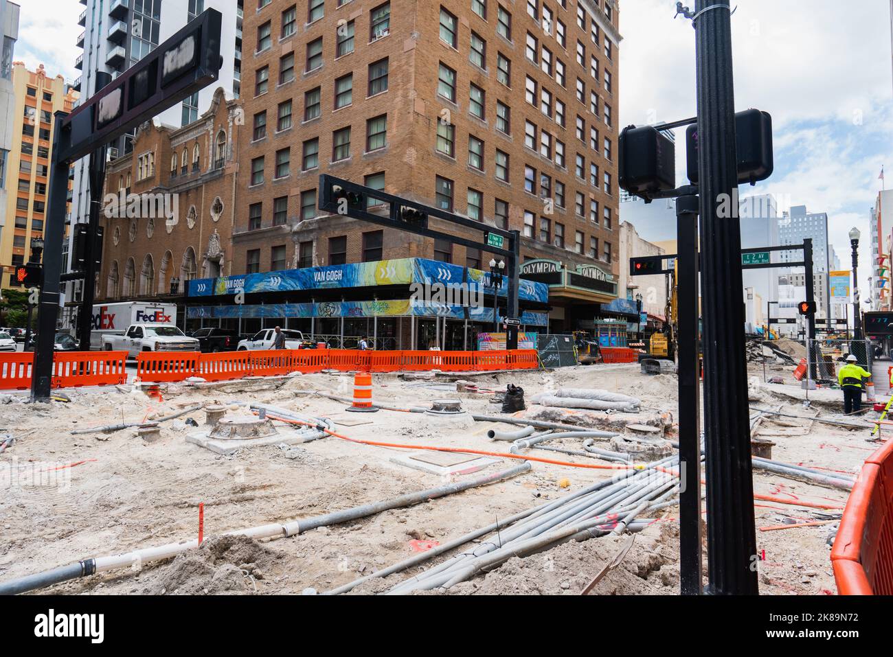 Downtown Miami Road lavora in East Flagler Street Foto Stock