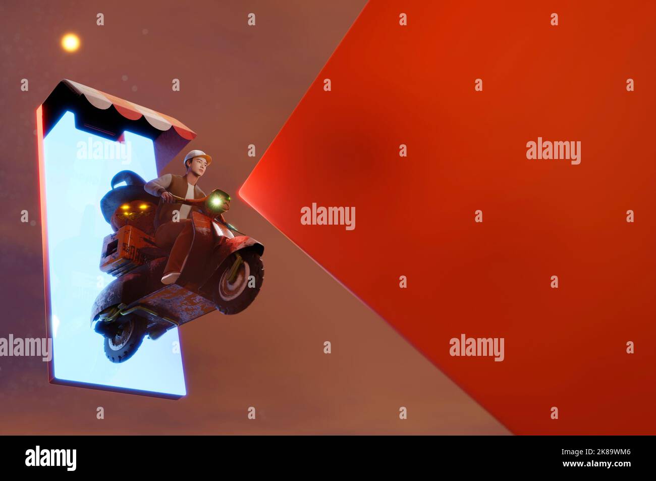 3D Illustrazione , rendering 3D . Servizio di consegna in linea Halloween Party cavalca gli scooter intorno a un sacco di zucche nella notte buia. Consegna rapida Foto Stock