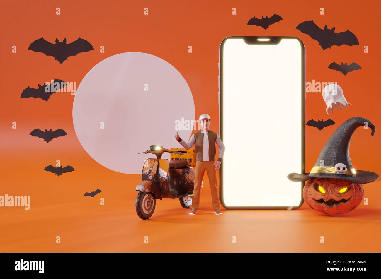 3D Illustrazione , rendering 3D . Servizio di consegna in linea Halloween Party cavalca gli scooter intorno a un sacco di zucche nella notte buia. Consegna rapida Foto Stock