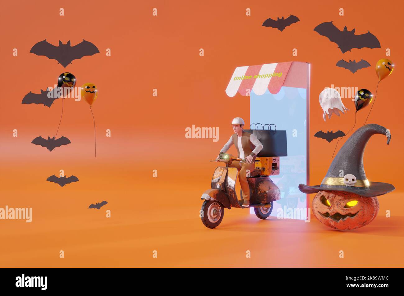 3D Illustrazione , rendering 3D . Servizio di consegna in linea Halloween Party cavalca gli scooter intorno a un sacco di zucche nella notte buia. Consegna rapida Foto Stock