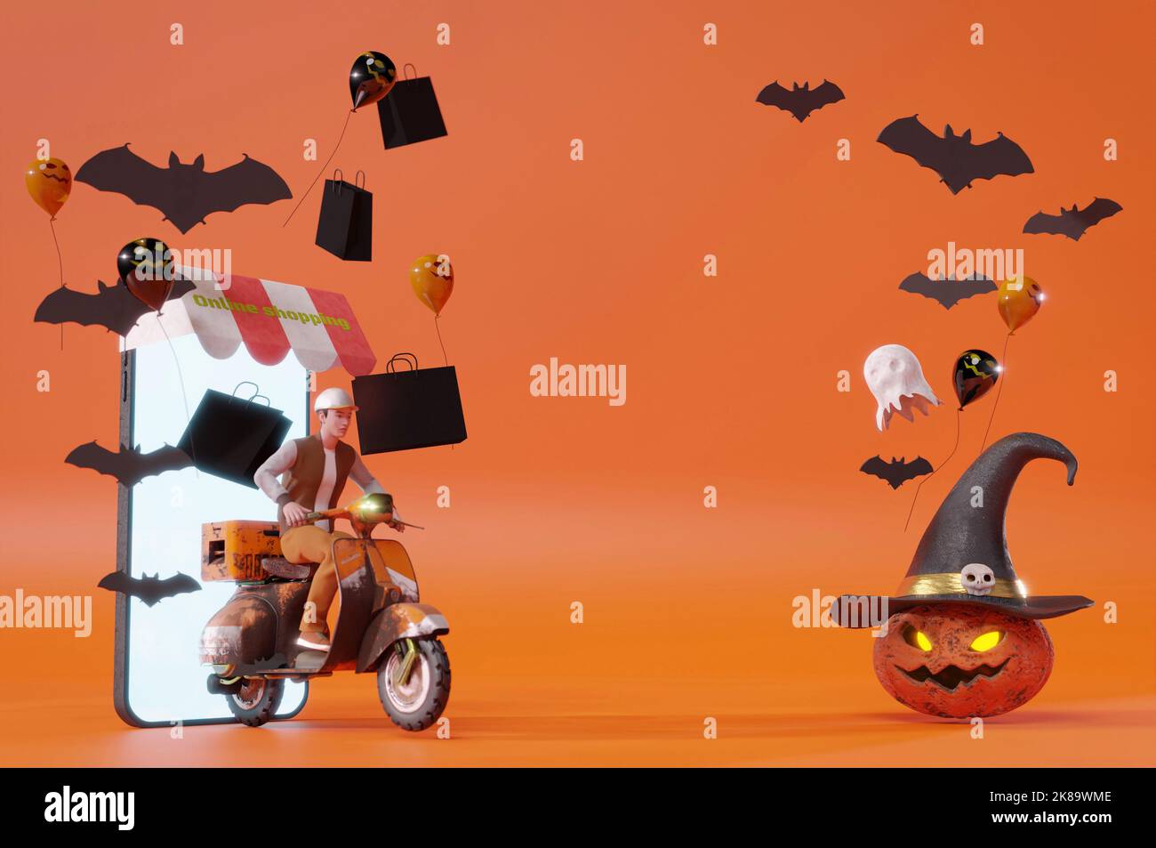 3D Illustrazione , rendering 3D . Servizio di consegna in linea Halloween Party cavalca gli scooter intorno a un sacco di zucche nella notte buia. Consegna rapida Foto Stock