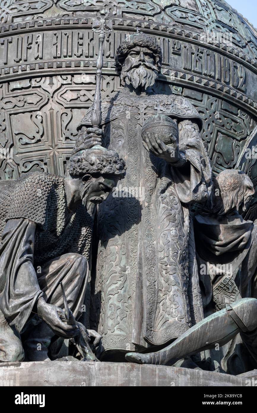 Scultura di Ivan III Granduca di Mosca nel disegno del monumento del Millennio della Russia (1862). Veliky Novgorod, Russia Foto Stock