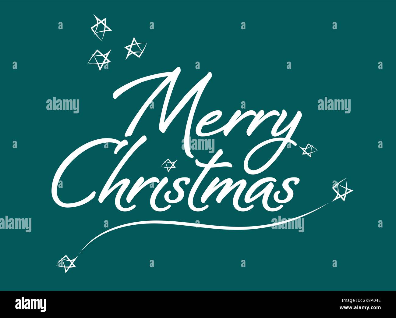 Allegro Natale bianco scritta a mano su uno sfondo verde con stelle e swirls inverno design vacanza, illustrazione vettoriale. Illustrazione Vettoriale