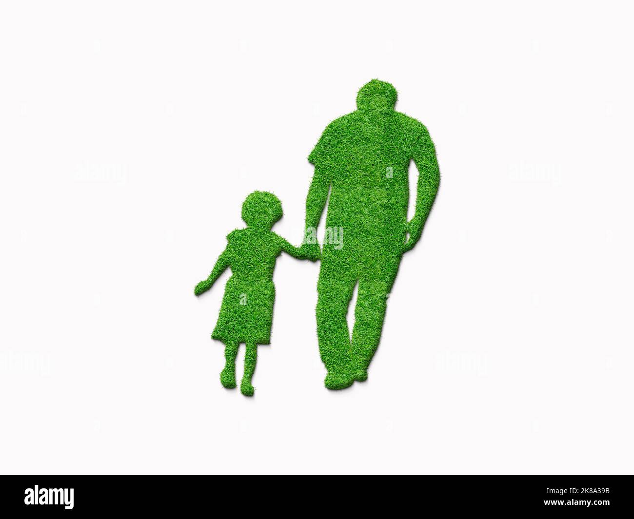 Concetto ecologico di festa del padre. 3D Padre e figlia si formano isolati sull'erba verde. Giornata dell'ambiente, Giornata della Terra, Giornata della natura Foto Stock