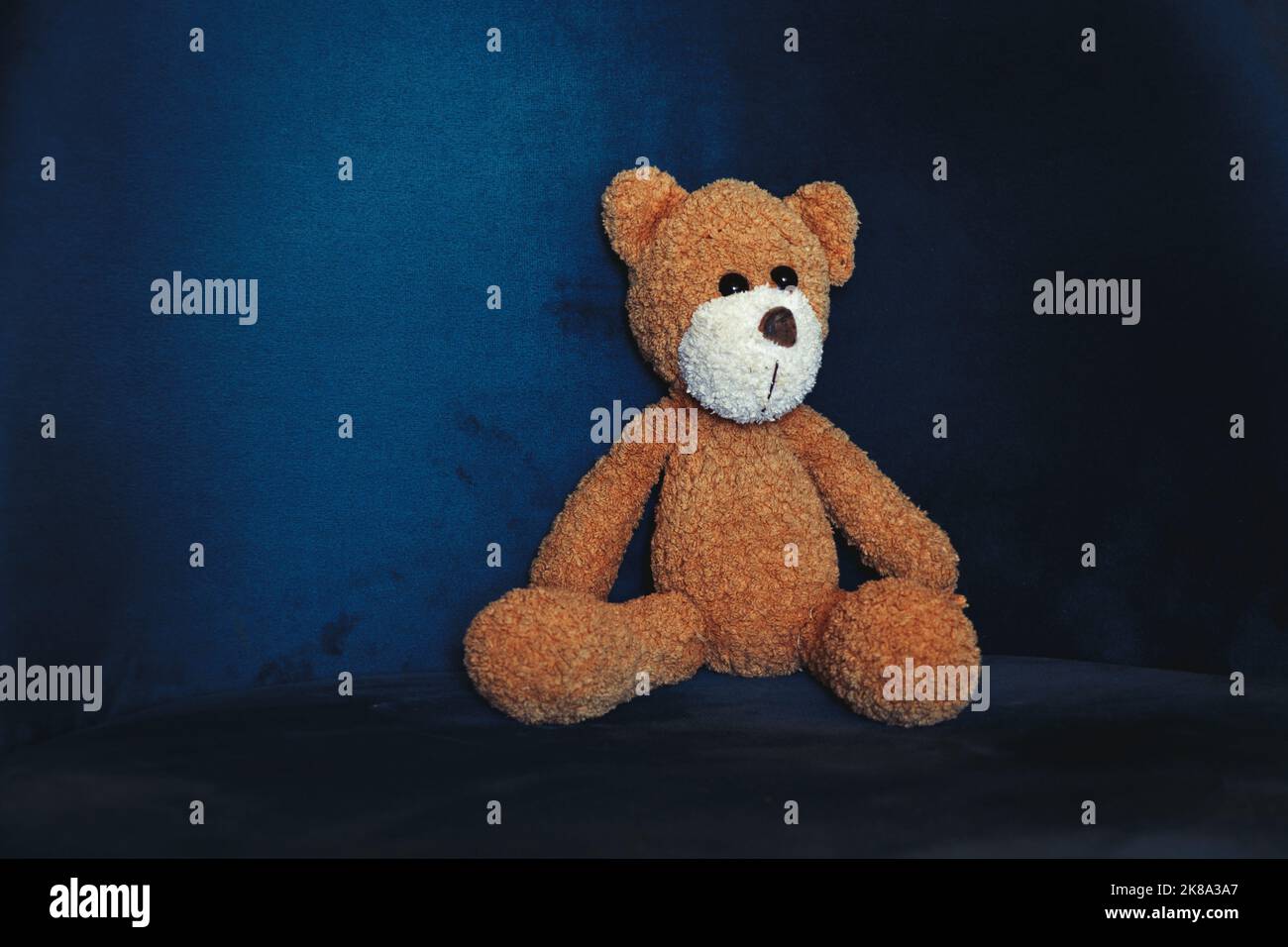 orsetto di peluche marrone per bambini seduto sul divano blu, giocattolo per bambini in camera da letto, orsetto di peluche Foto Stock