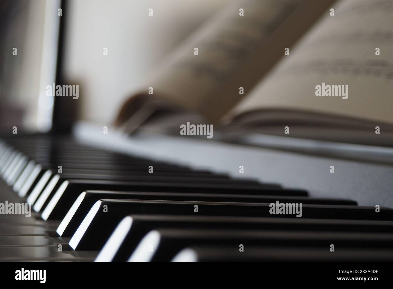 Dettaglio dei tasti di un pianoforte pronti per un concerto musicale. Closeup tasti piano standard. Foto Stock