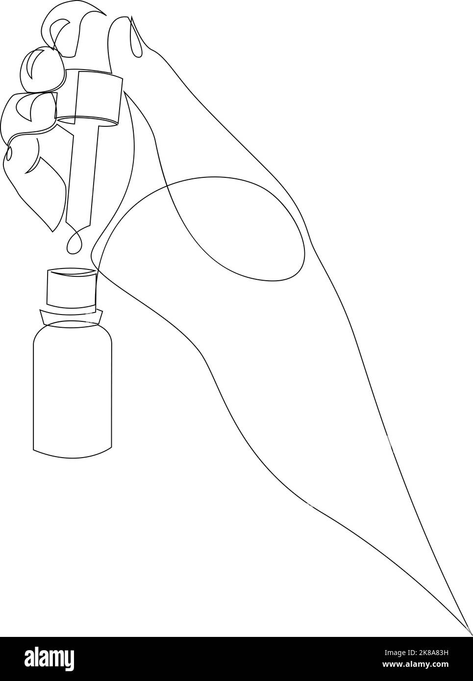 Disegno continuo di una linea della pipetta in vetro con supporto manuale. Design minimalistico delle bottiglie di oli essenziali. Illustrazione vettoriale Illustrazione Vettoriale