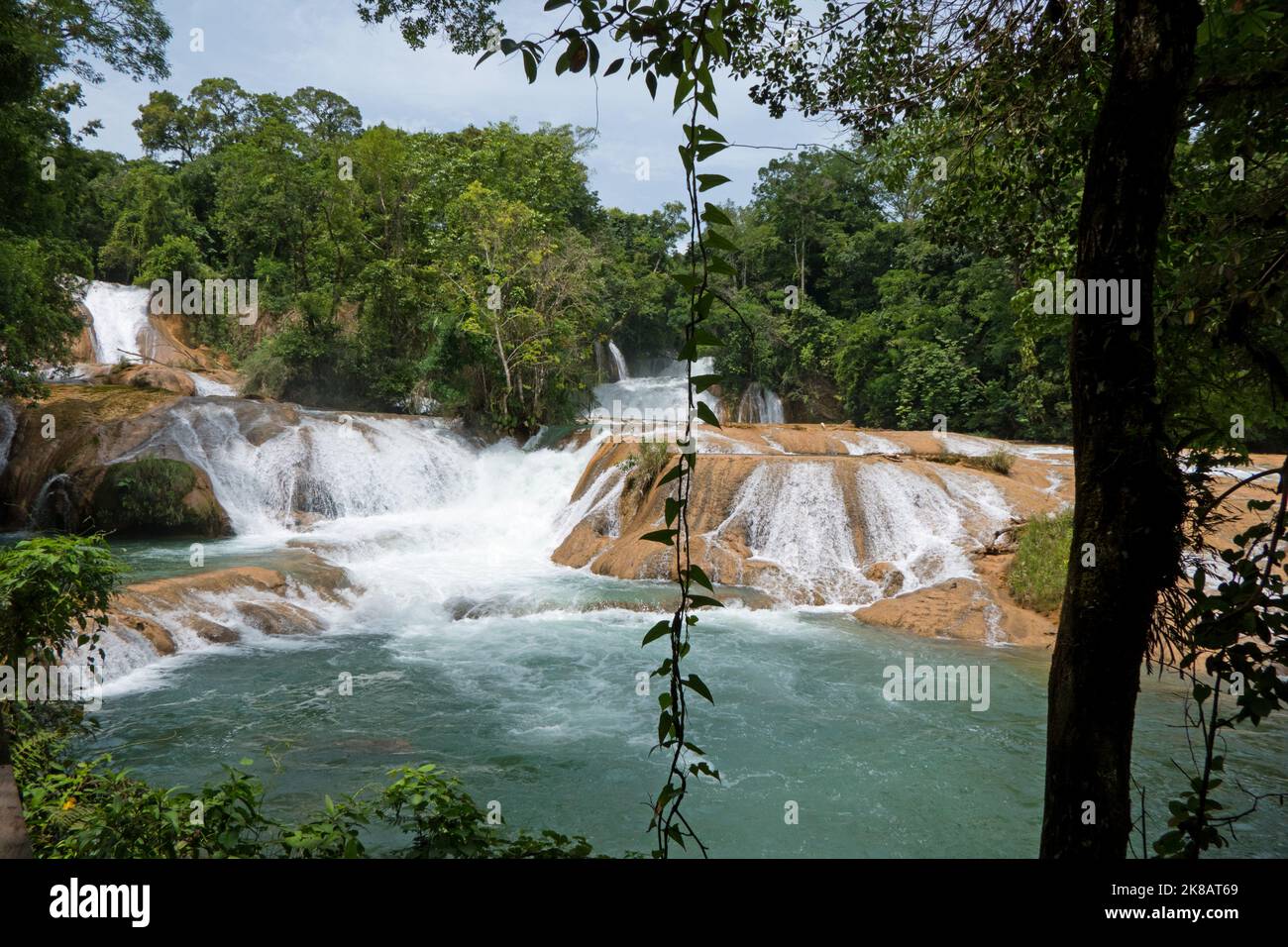 Vista delle cascate di Agua Azul nel Chiapas, Messico. Bellissimo paesaggio naturale messicano con cascata e foresta pluviale Foto Stock