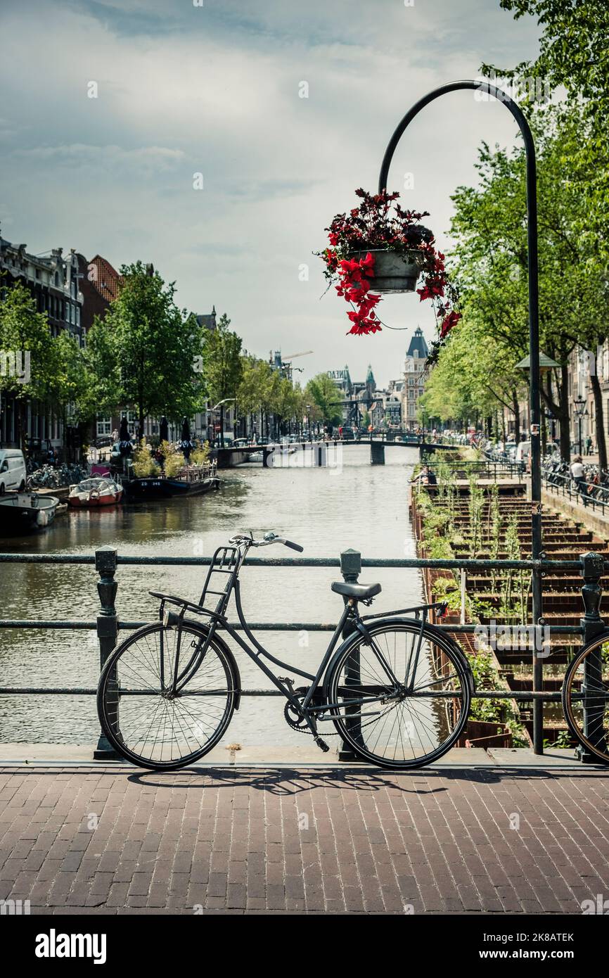 Bicicletta appoggiata alle ringhiere del ponte su un canale, amsterdam, paesi bassi, Europa Foto Stock