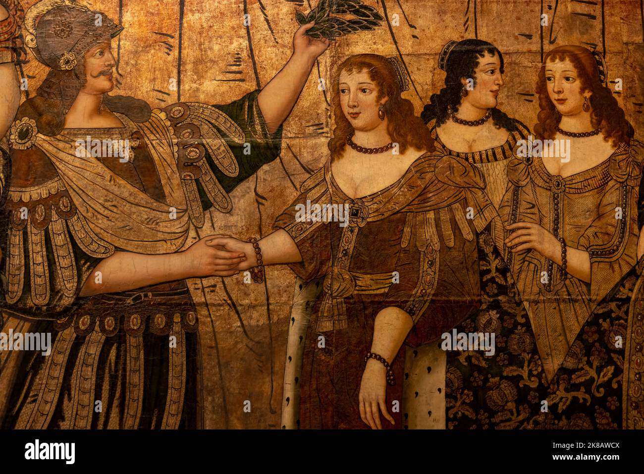 Dettagli dei rivestimenti in pelle dorata nella Galleria al Castello di Dunster che raffigura la storia di Antony e Cleopatra, Dunster, Somerset, Inghilterra. REGNO UNITO. Foto Stock