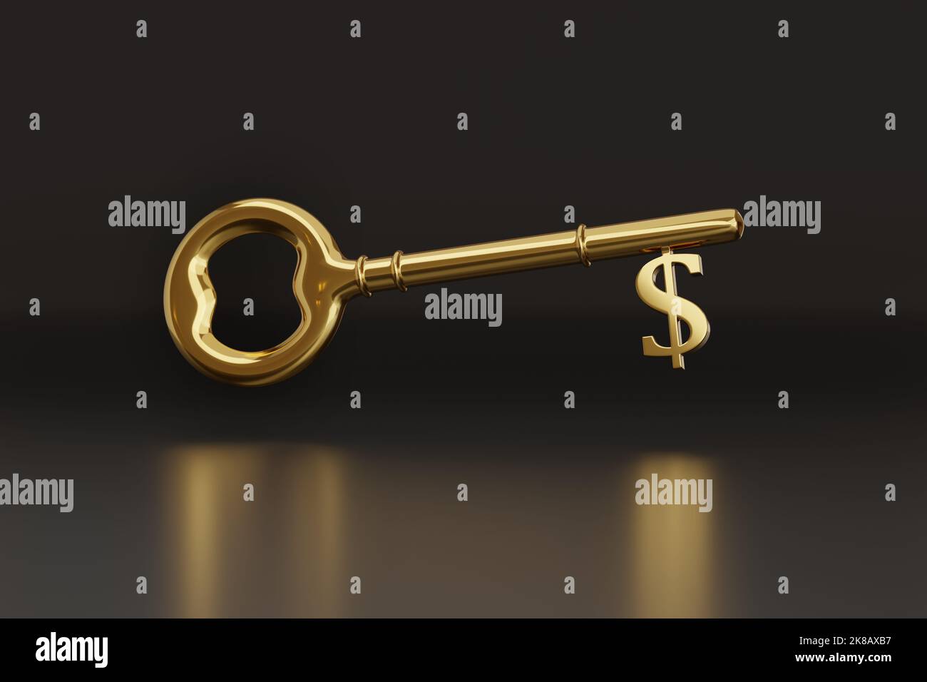 Chiave d'oro con il dollaro su sfondo scuro. illustrazione 3d. Foto Stock