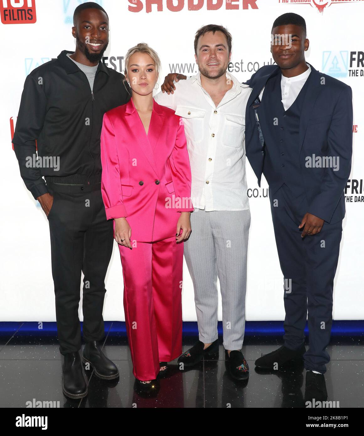 Nobuse Jnr., Hannah Traylen, Ross Coles e Malachi Pullar-Latchman partecipano alla prima del film 'The Hounded' alla Arrow FrightFest tenutasi a Cineworld Leicester Foto Stock