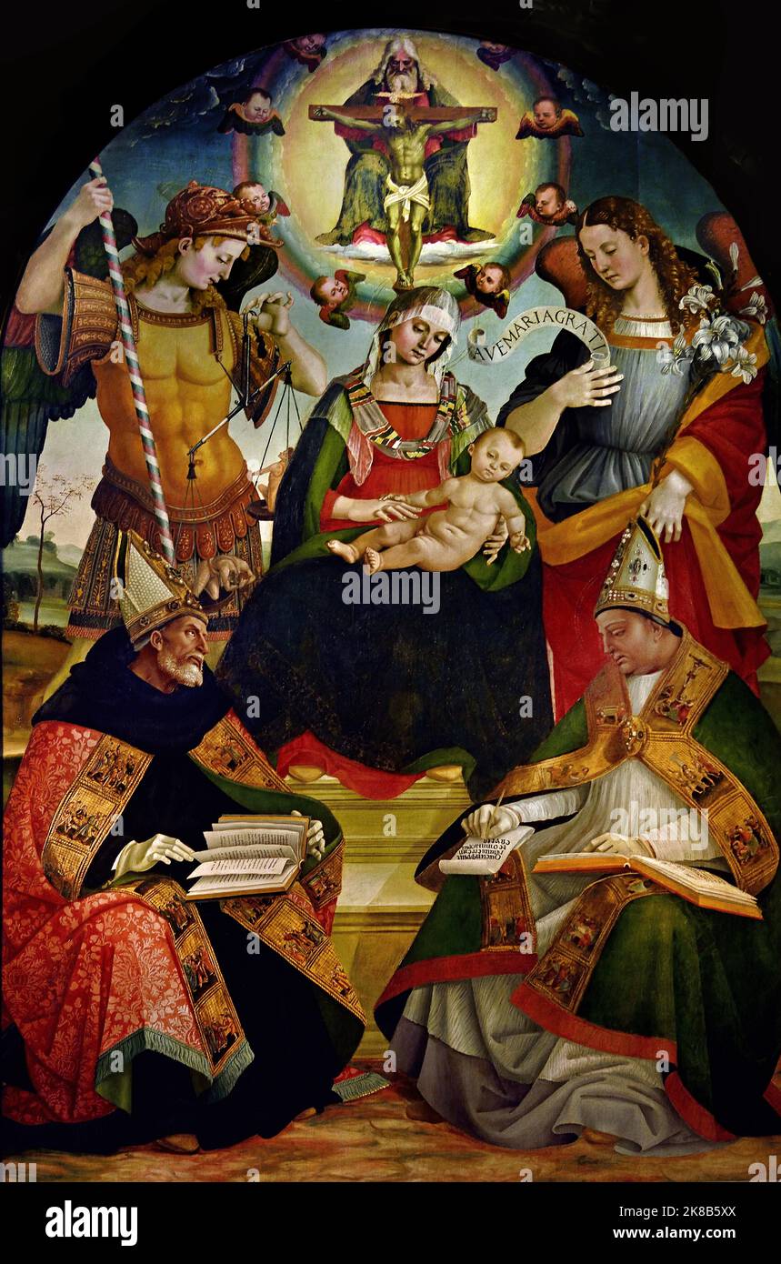 La Trinità, la Vergine col Bambino, gli Arcangeli Michele e Gabriele e i Santi Agostino e Atanasio, 1510. Uffizi Italia Italiano Foto Stock