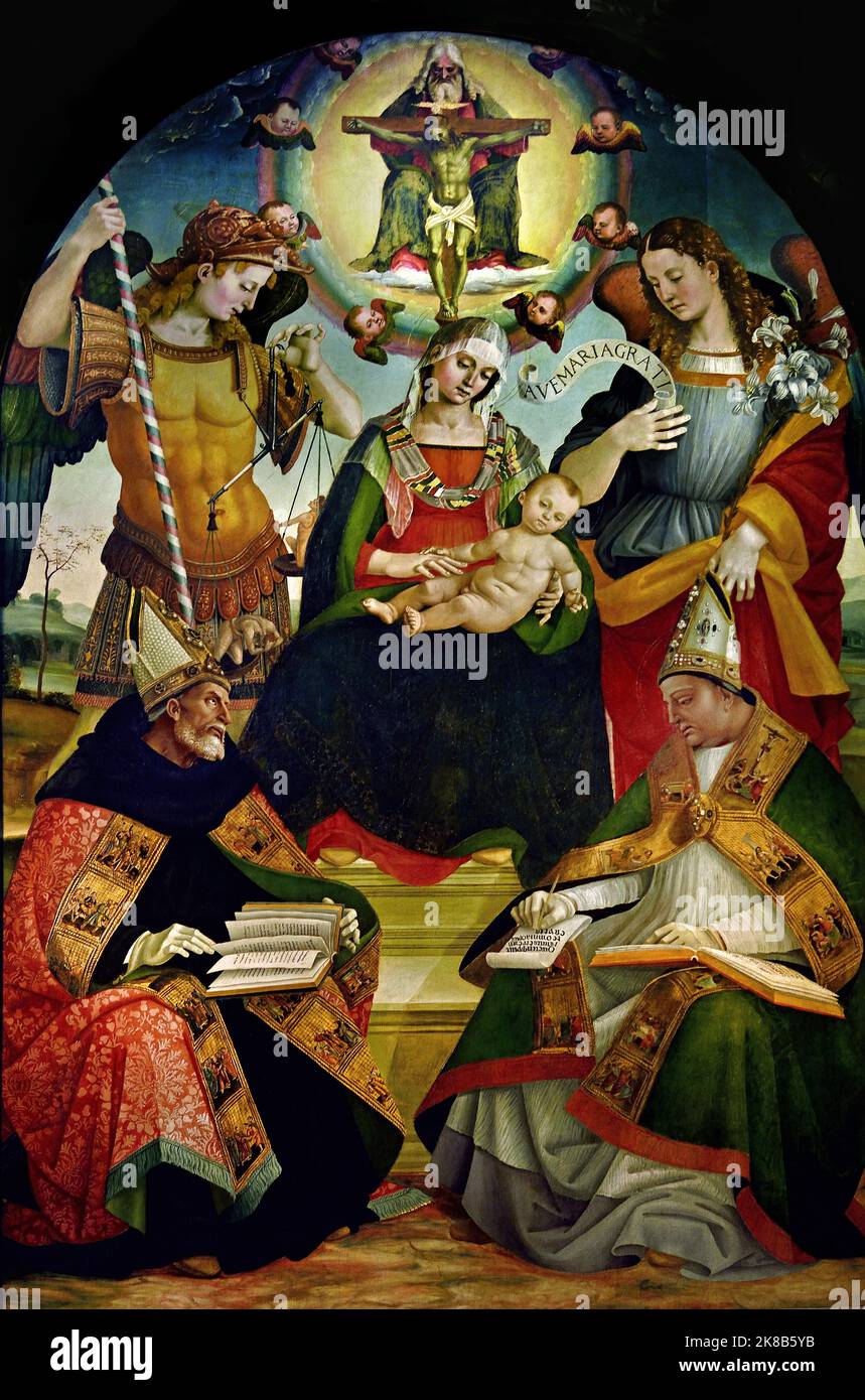La Trinità, la Vergine col Bambino, gli Arcangeli Michele e Gabriele e i Santi Agostino e Atanasio, 1510. Uffizi Italia Italiano Foto Stock
