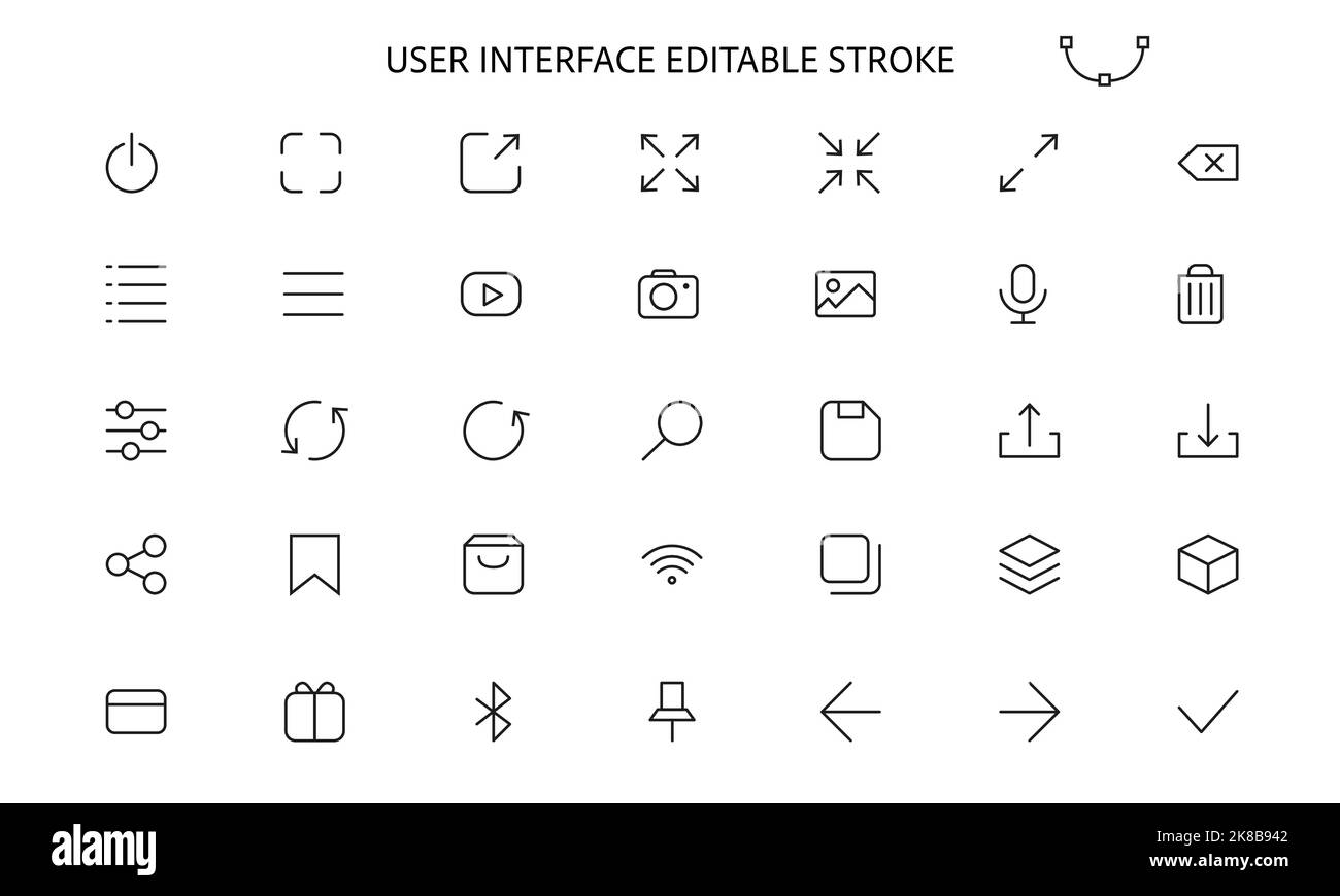 Icone del sito Web ui Material Design Set, ui Icon Set interfaccia utente modificabile Stroke. Raccolta di icone, siti Web o app per la linea dell'interfaccia utente perfetta. Illustrazione Vettoriale