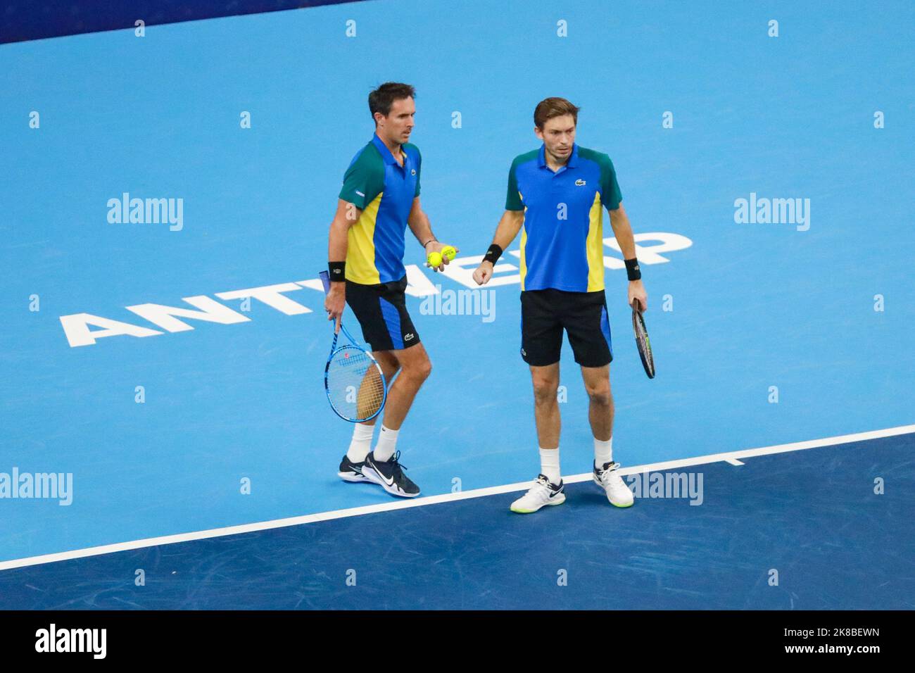 Il francese Nicolas Mahut e il francese Edouard Roger-Vasselin hanno raffigurato durante la semifinale maschile la coppia olandese Griekspoor - Van de Zandschulp e il francese Pair Mahut - Roger-Vasselin, al torneo europeo Open Tennis ATP, ad Anversa, sabato 22 ottobre 2022. FOTO DI BELGA MARIJN DE KEYZER Foto Stock