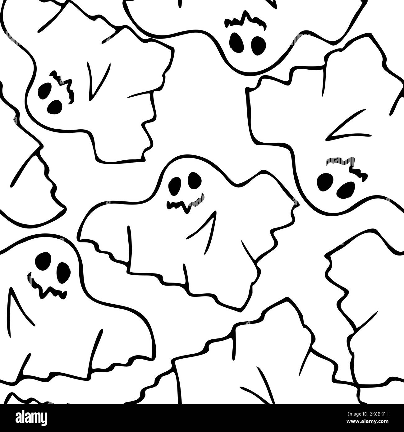 contorno senza cuciture di fantasmi neri volanti su sfondo bianco, texture, design Foto Stock