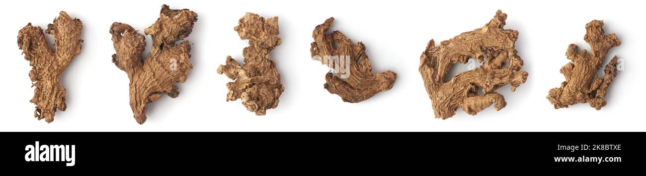 set di rizomi di zenzero essiccati al sole, aromatizzanti e ingrediente di erbe con forti benefici per la salute isolato su sfondo bianco, raccolta Foto Stock