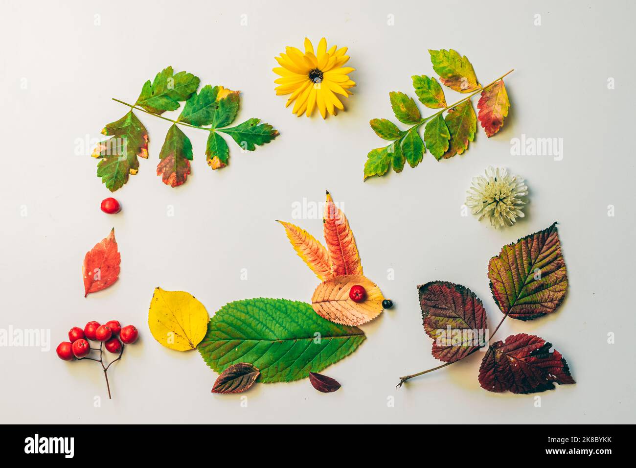 coniglio fatto di foglie colorate e fiori luminosi su sfondo bianco Foto Stock