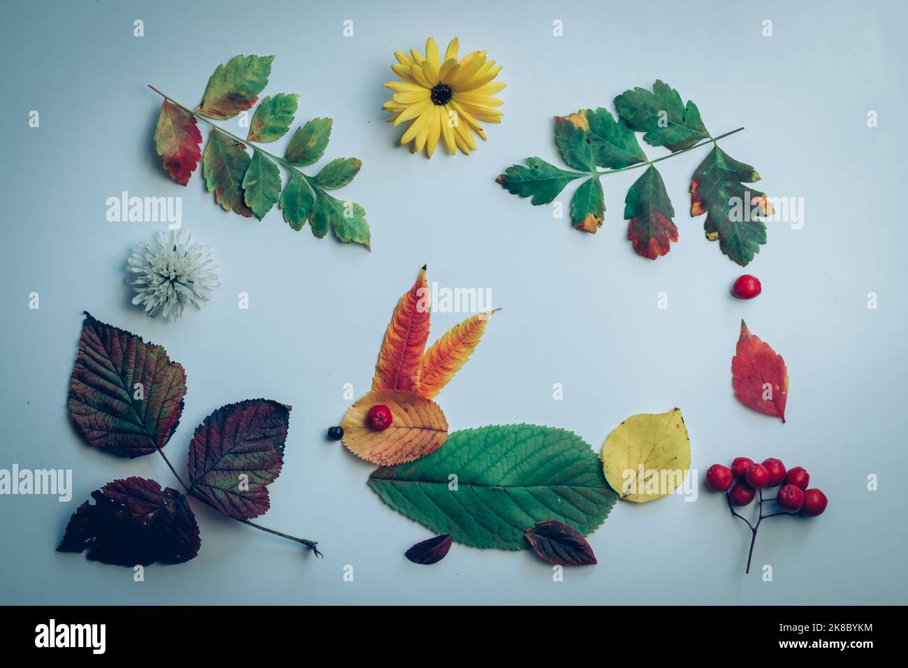coniglio fatto di foglie colorate e fiori luminosi su sfondo bianco Foto Stock