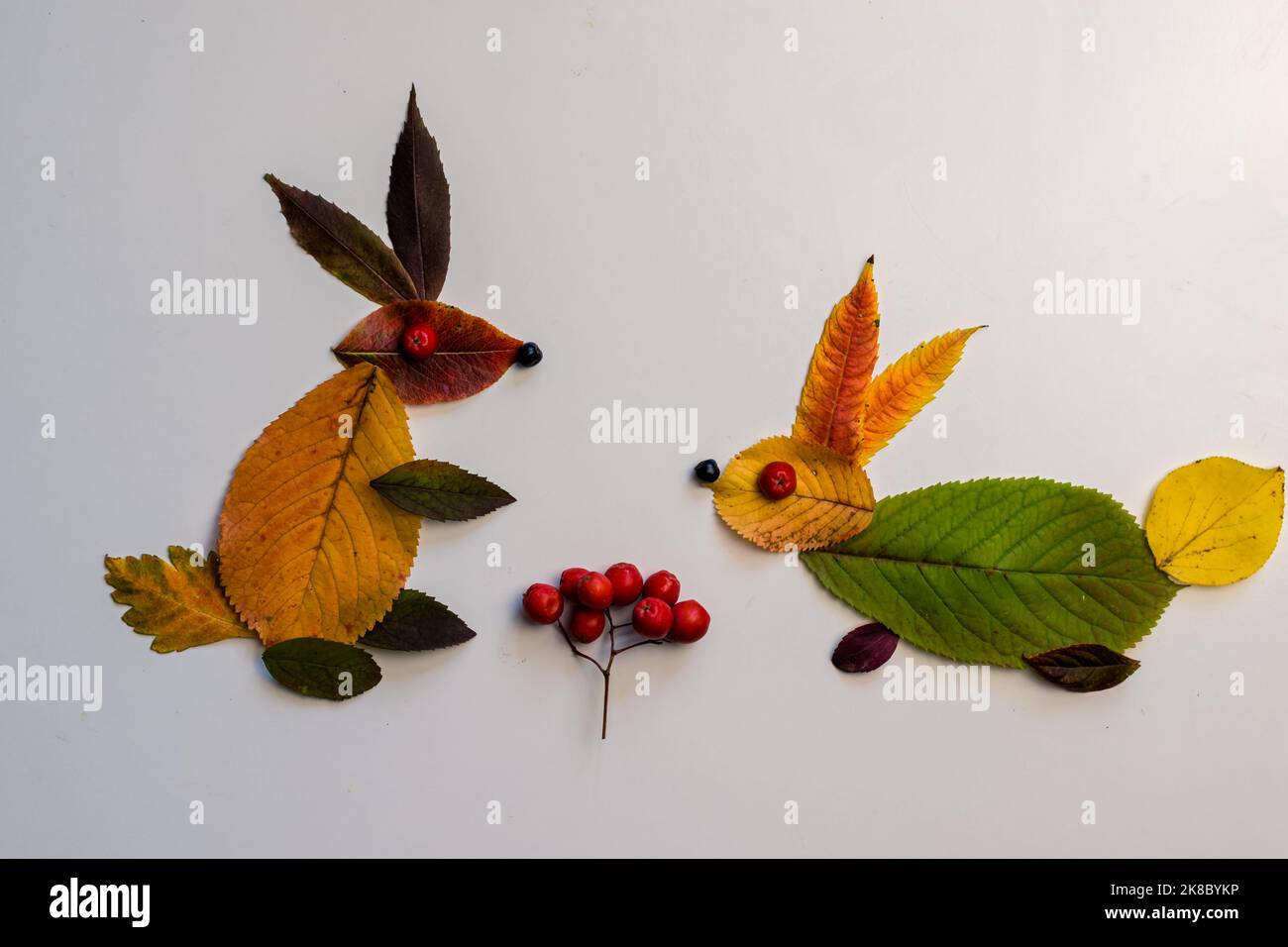 coniglio fatto di foglie colorate e fiori luminosi su sfondo bianco Foto Stock