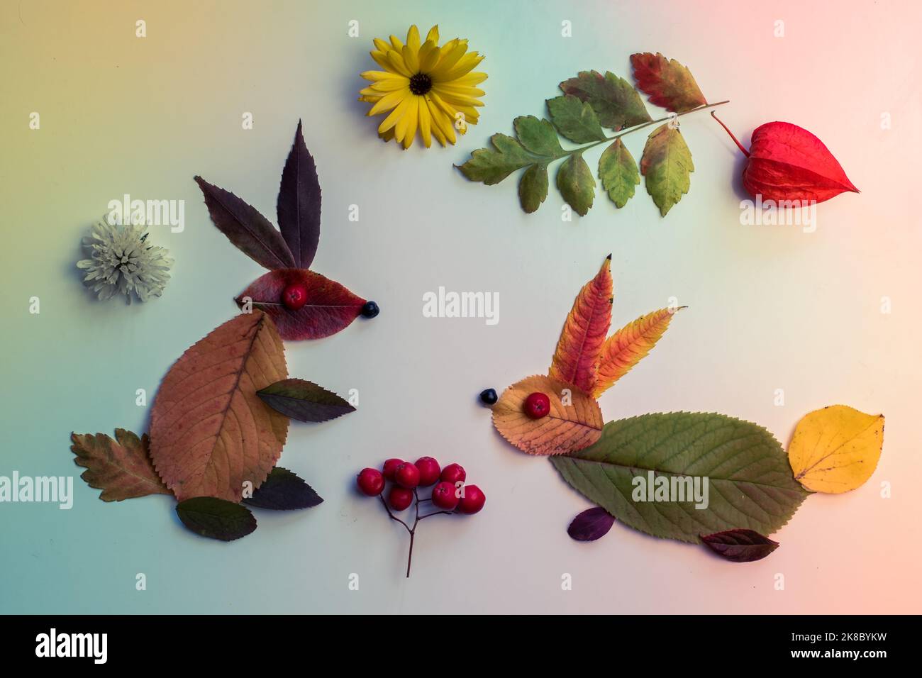 coniglio fatto di foglie colorate e fiori luminosi su sfondo bianco Foto Stock