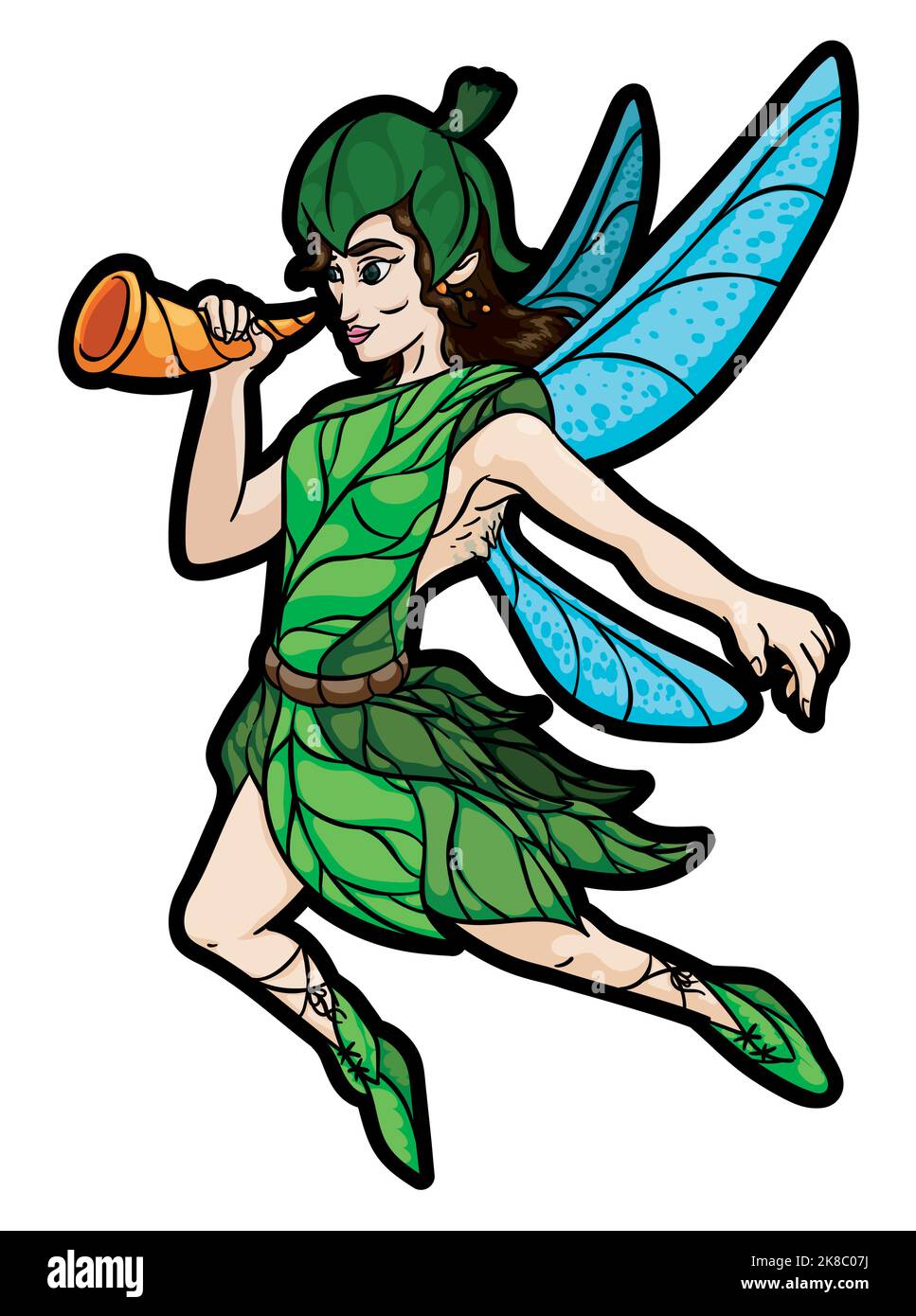 Una magica fata femminile che indossa un abito fatto di foglie verdi e tiene un corno, mentre vola con le sue piccole ali. Illustrazione Vettoriale