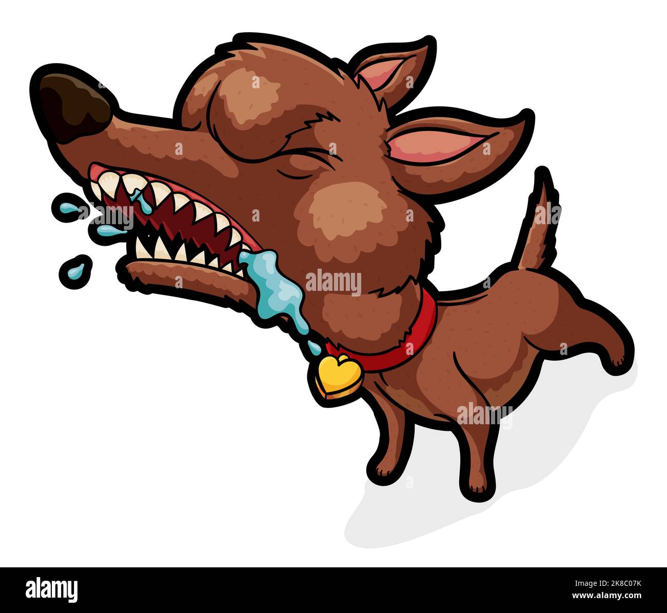 Piccolo cane pazzo che abbaia con gesto furioso e mostra i suoi denti, anche indossando un collare rosso con medaglia al cuore. Illustrazione Vettoriale