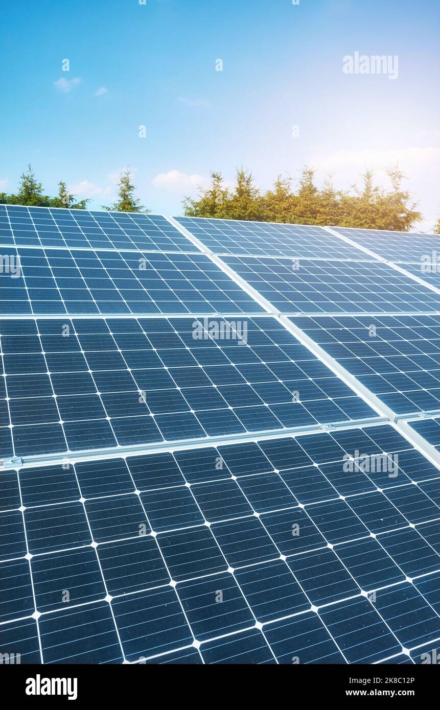 Moduli fotovoltaici in una giornata di sole. Foto Stock