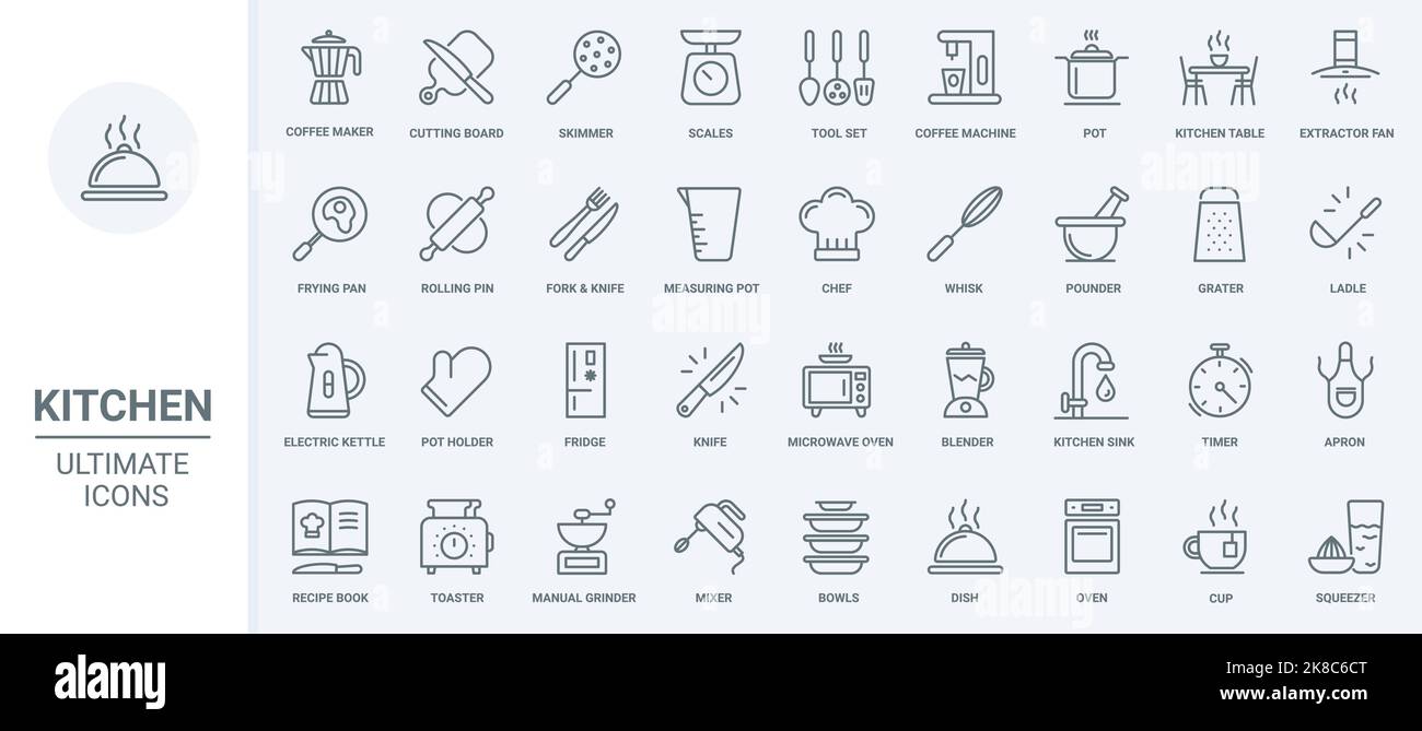 Le icone della linea sottile della cucina impostano l'illustrazione del vettore. Simboli di contorno di attrezzature e strumenti per la cucina, macchina da caffè e cappa, bilance e microonde, grembiule per chef e ricettario Illustrazione Vettoriale