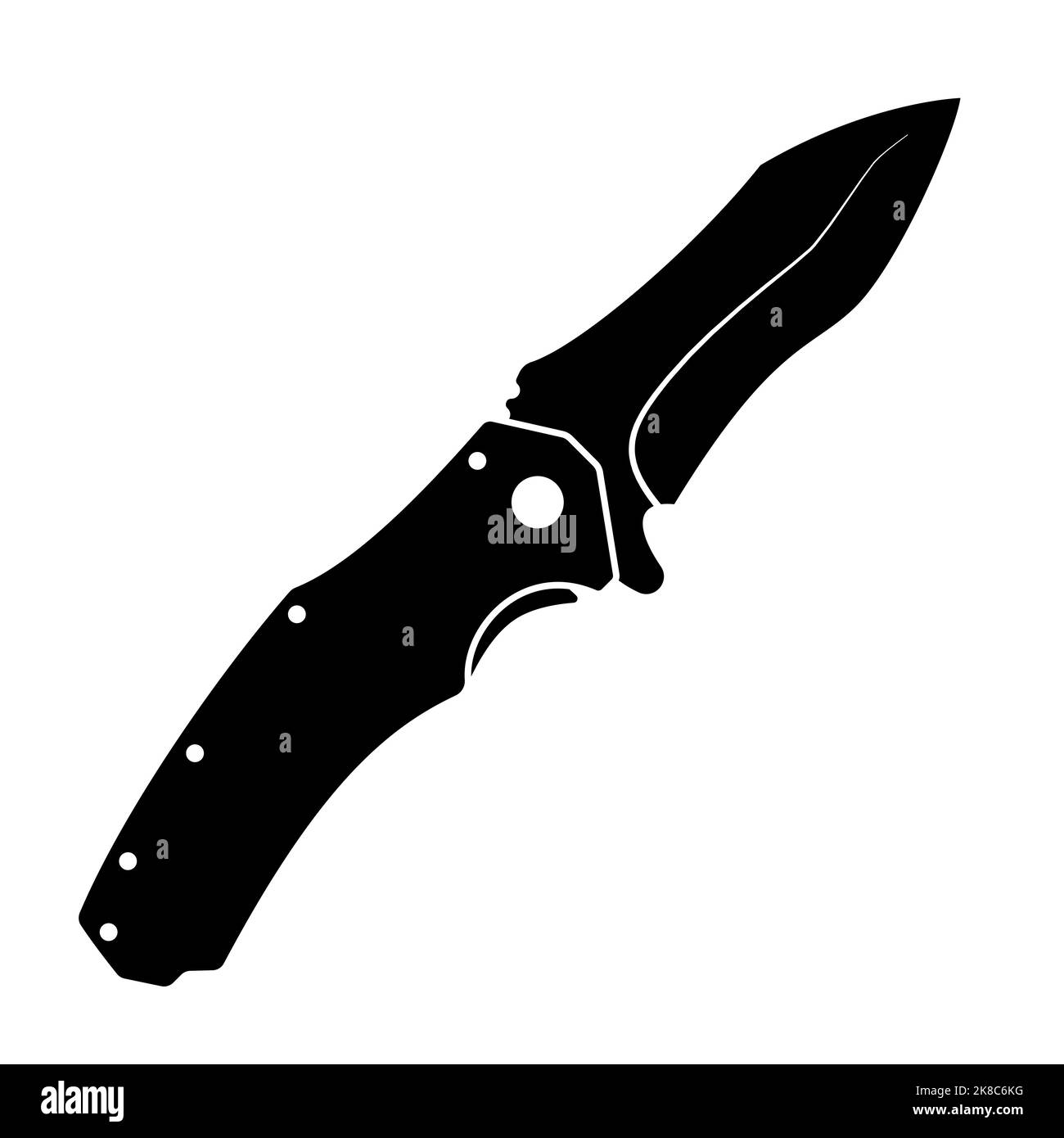 Icona della controlama. Icona nera a forma di coltello pieghevole isolata su sfondo bianco. Illustrazione vettoriale in piano. Illustrazione Vettoriale